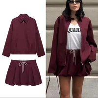 Casual Women 2 Pieces Sets Waist Lace Up Lantern Edition Mini Skirt Sets Solid Pocket Decorative Jacket Top Women's Set
