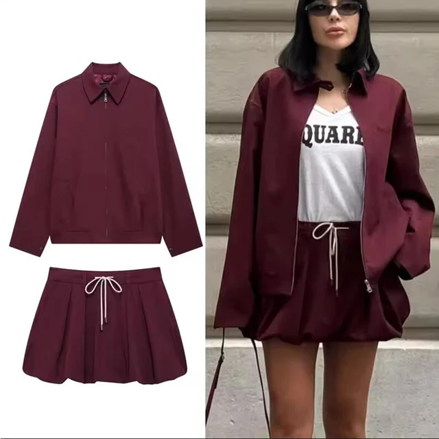 Casual Women 2 Pieces Sets Waist Lace Up Lantern Edition Mini Skirt Sets Solid Pocket Decorative Jacket Top Women's Set