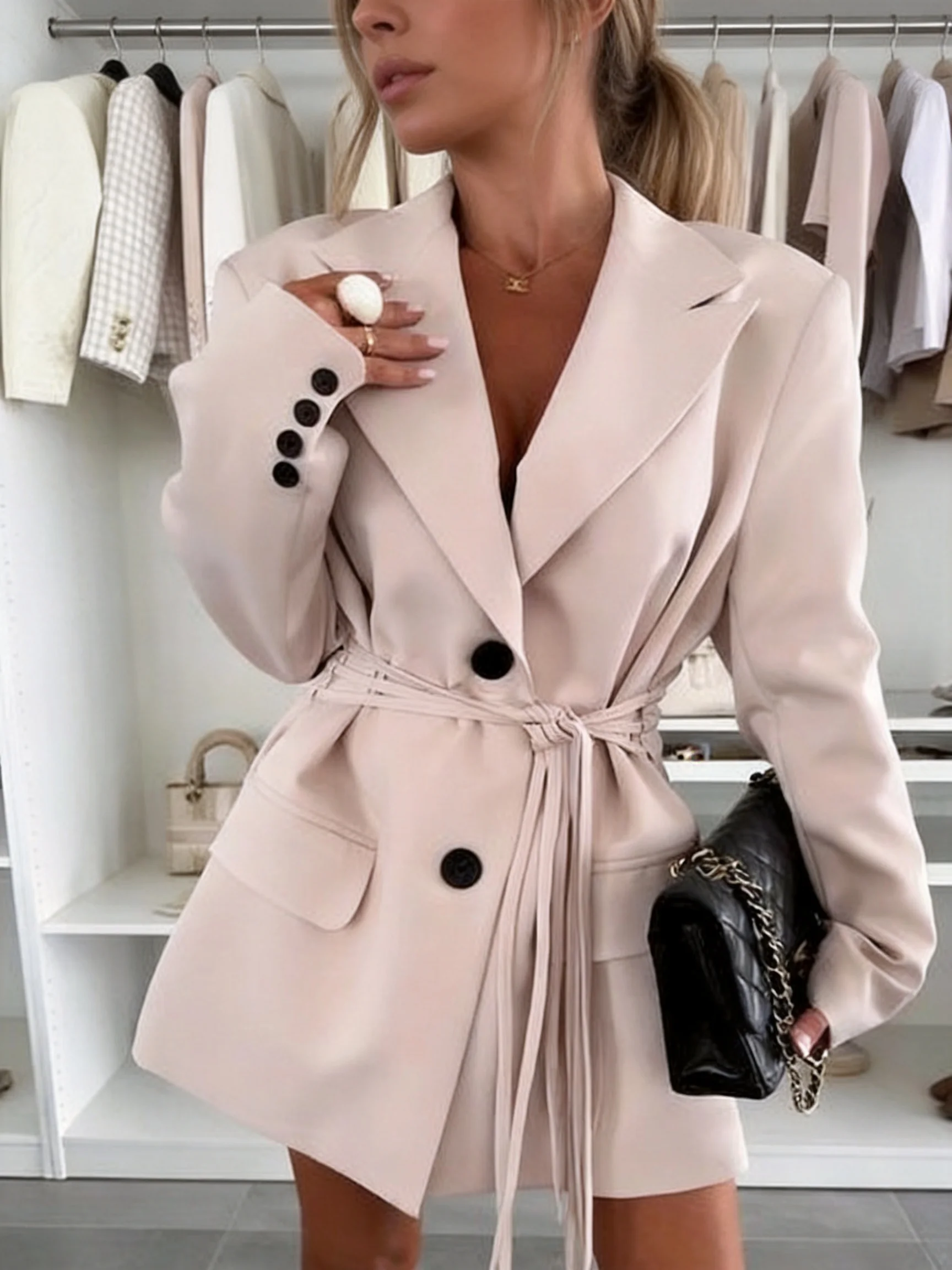 Tassel Waist-Cinching Double Black Button Long Sleeve Straight Cut Mid-Length Suit Jacket Versatile Outerwear Or Standalone Piec