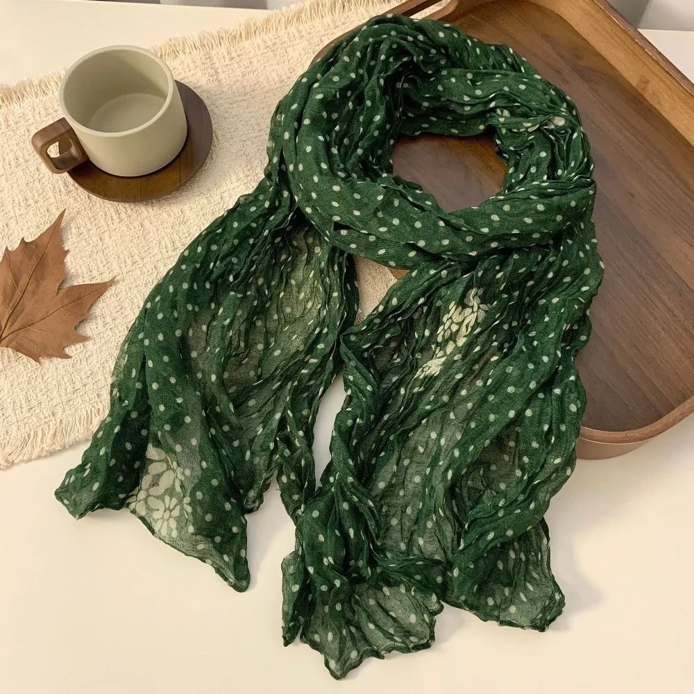 Korean-style Floral Print Cotton Linen Scarf Wrinkle Versatile Wear Pleated Shawl Scarf Frill Trim Twisted Scarf Women