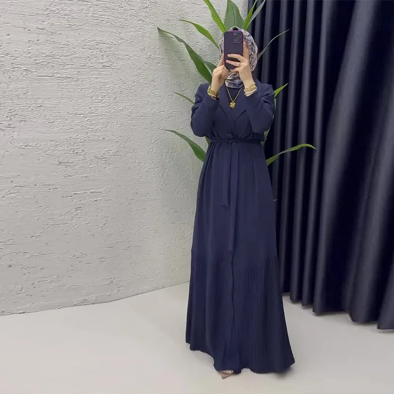 Modisches, lässiges Bankettkleid mit großem Saum, hohe Taille, plissiert, neues einfarbiges Kleid, Rundhalsausschnitt, langärmeliges Kleid