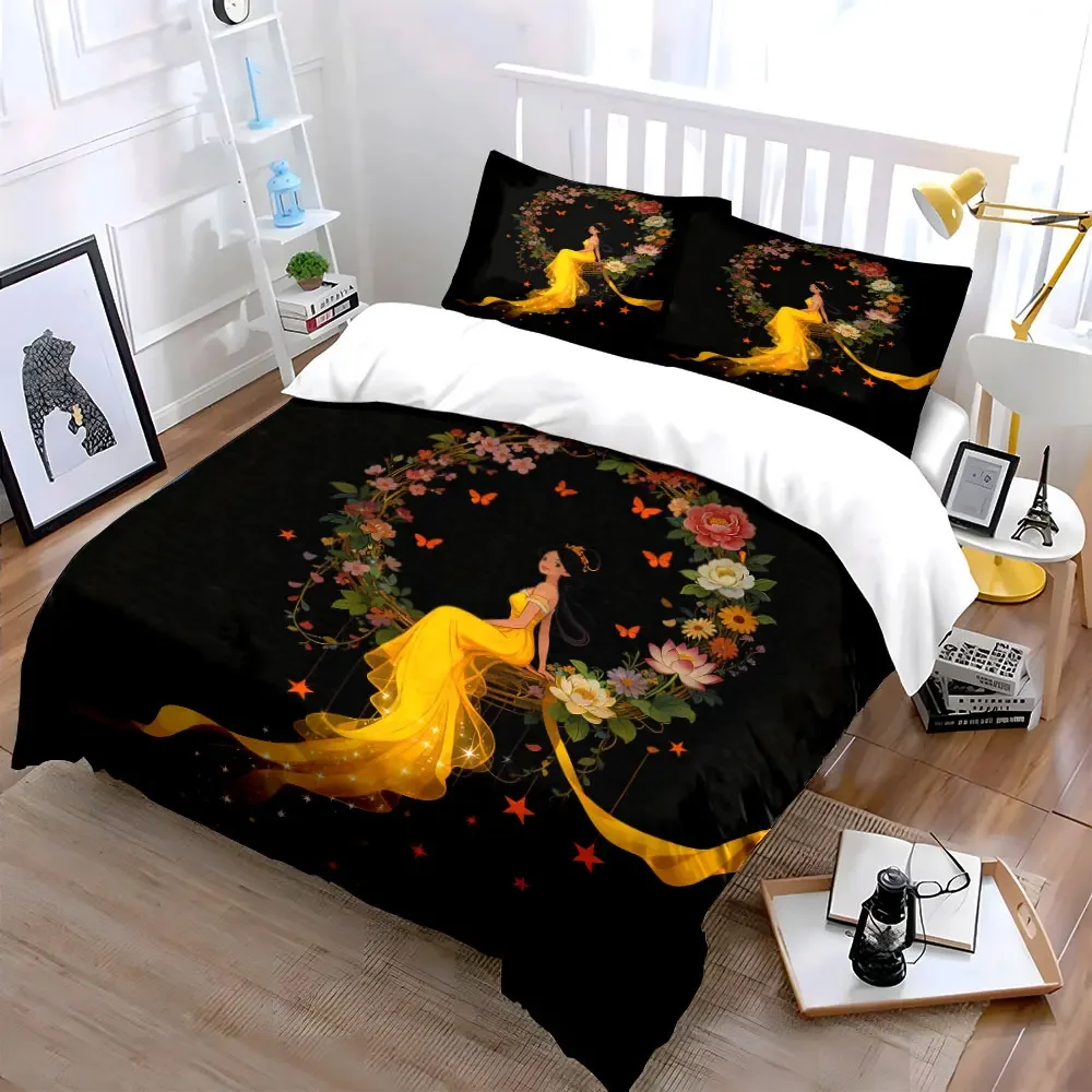 Elegant Floral Yellow Dress Set Soft Comfortable Duvet Cover Bedding Set Included 1*Duvet Cover & 2*Pillowcases, gift