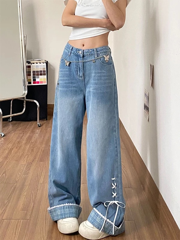 Summer New  Knot Loose Wide Leg Jeans Women's High Waist Casual Cotton Blend Denim Pants Asymmetrical Zipper Style