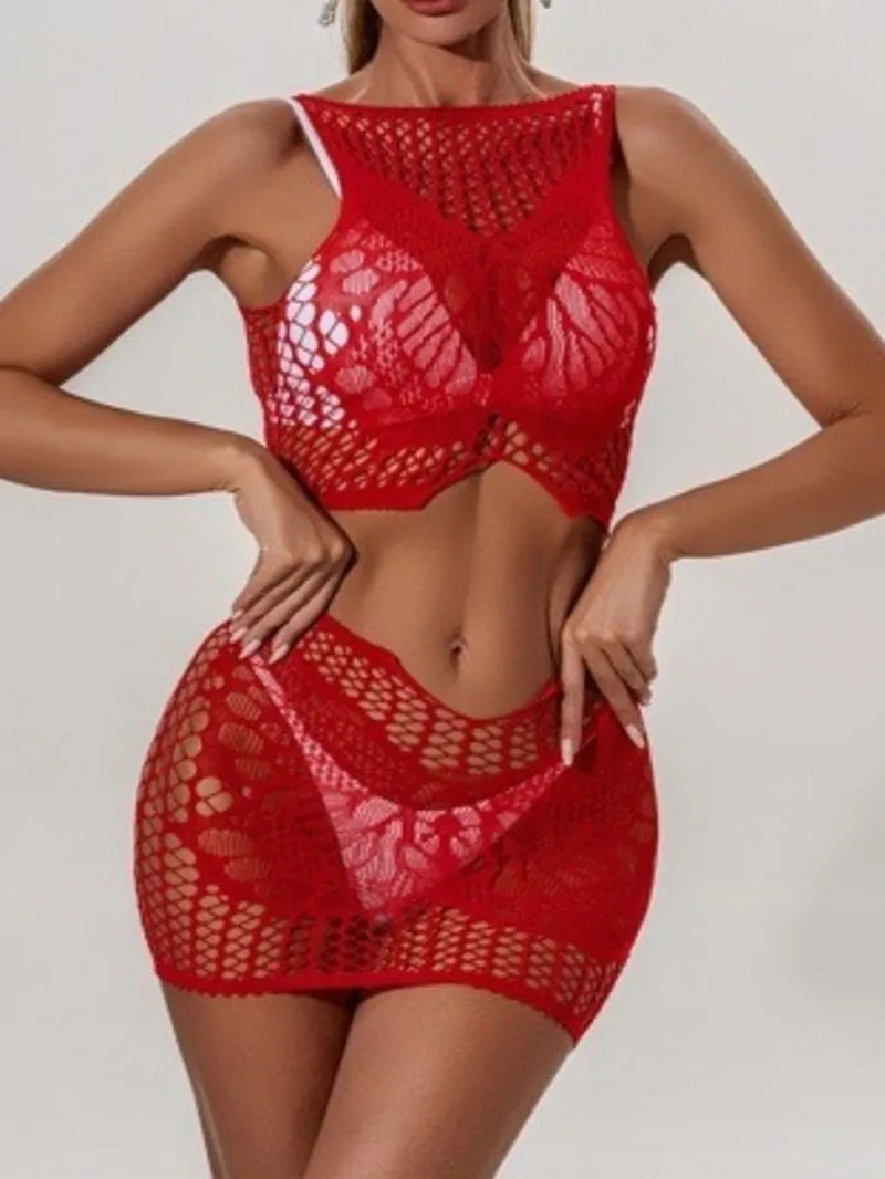 

Sexy Butterfly Pattern Transparent Fishnet Hollow Out Skirt Sets Solid Color Sleeveless Round Neck Skirt Sets Charming Thin B23T