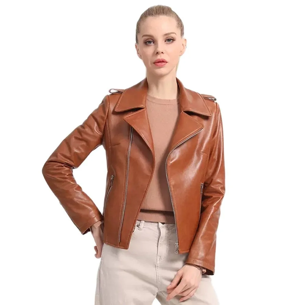 Women Short Sheepskin New Coat Spring Autumn Fashion Soft Turn-down Collar Long Sleeve Genuine Leather Jacket Slim Outerwear