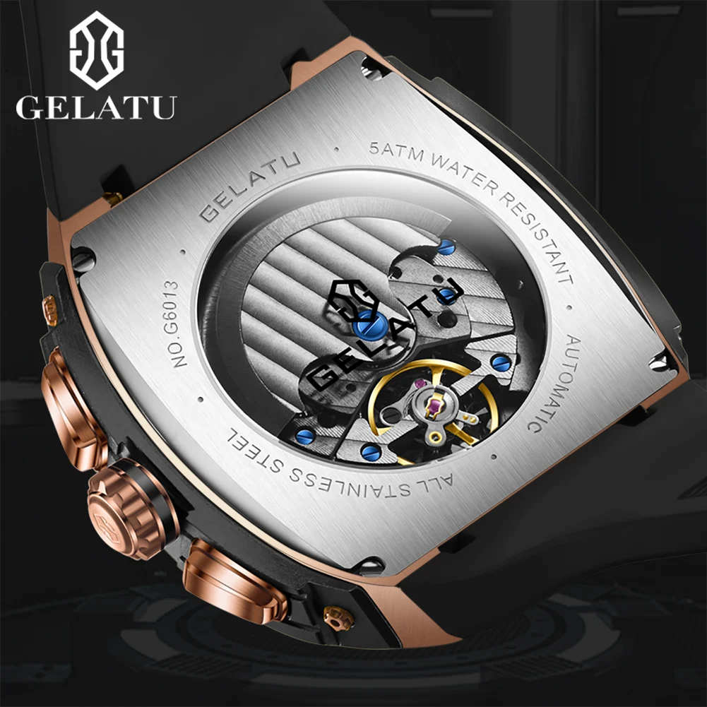 GELATU 6013 Original Mechanical Watch for Men Silicone Strap Skeleton Calendar Week Display Business Luxury Automatic Wristwatch