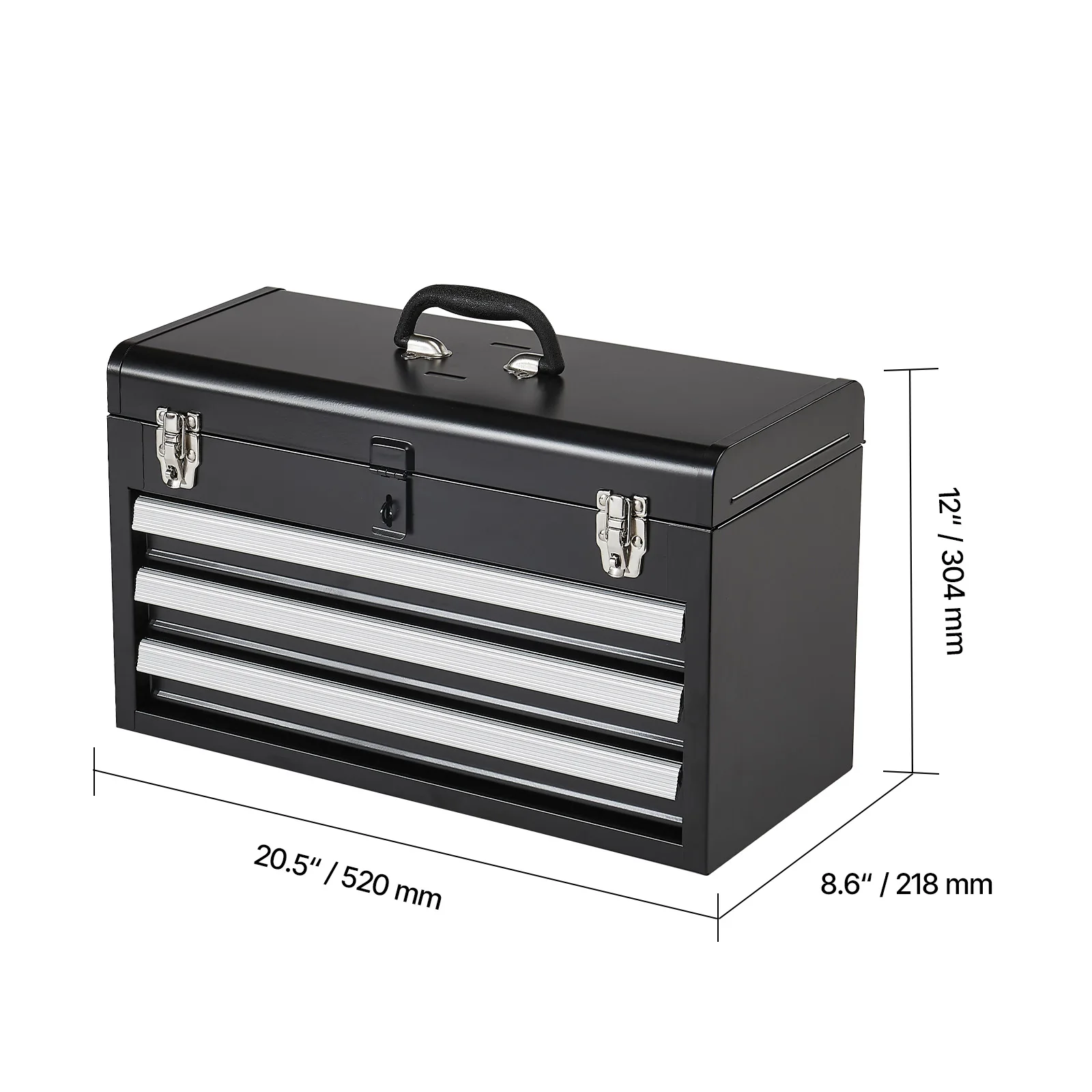SucceBuy 20 inch metalen gereedschapskist met 3 laden zwart/rood gereedschapskist met EVA-voeringen multifunctionele gereedschapsorganizer voor garage en werkplaats