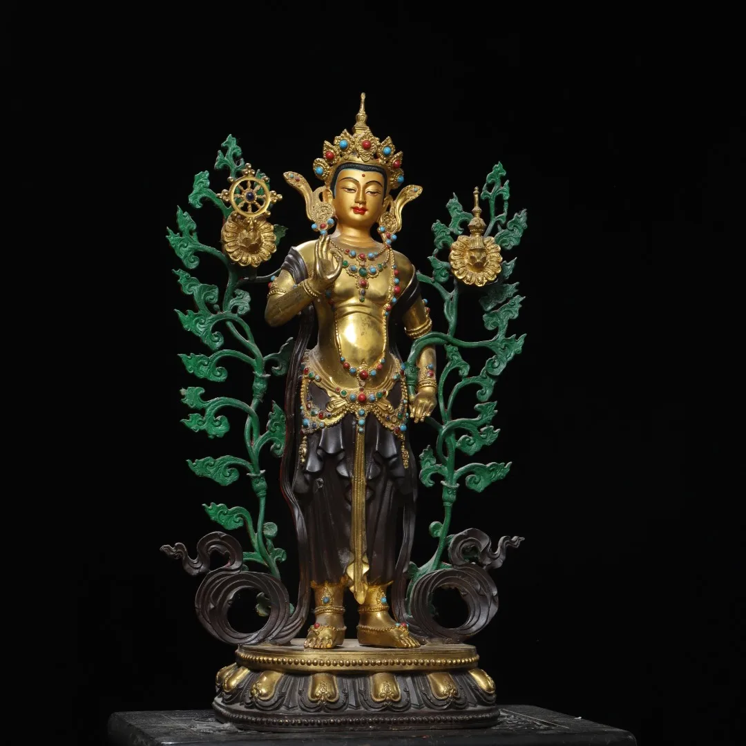 23 Old Bronze Gilded Cinnabar Painted Mosaic Gem Backlight Green Tara Station Buddha Amitabha Buddha Worship Hall Town house