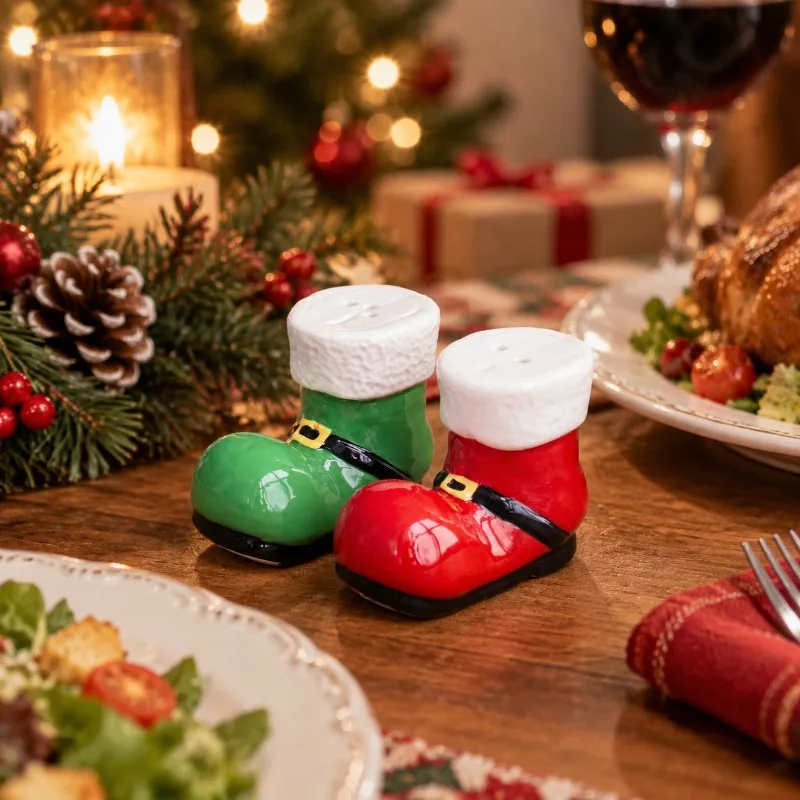 Christmas Boot Ceramic Salt Pepper Shakers Set,Santa Boot Tabletop Ornament,Xmas Table Decoration Holiday Kitchen Seasoning Gift
