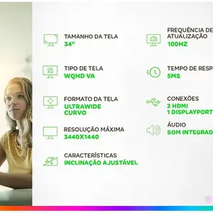 Monitor 100Hz WQHD Curvo UltraWide 5ms LG 34WR50QC-B 34 8 principais vendas tela tv lg - №2