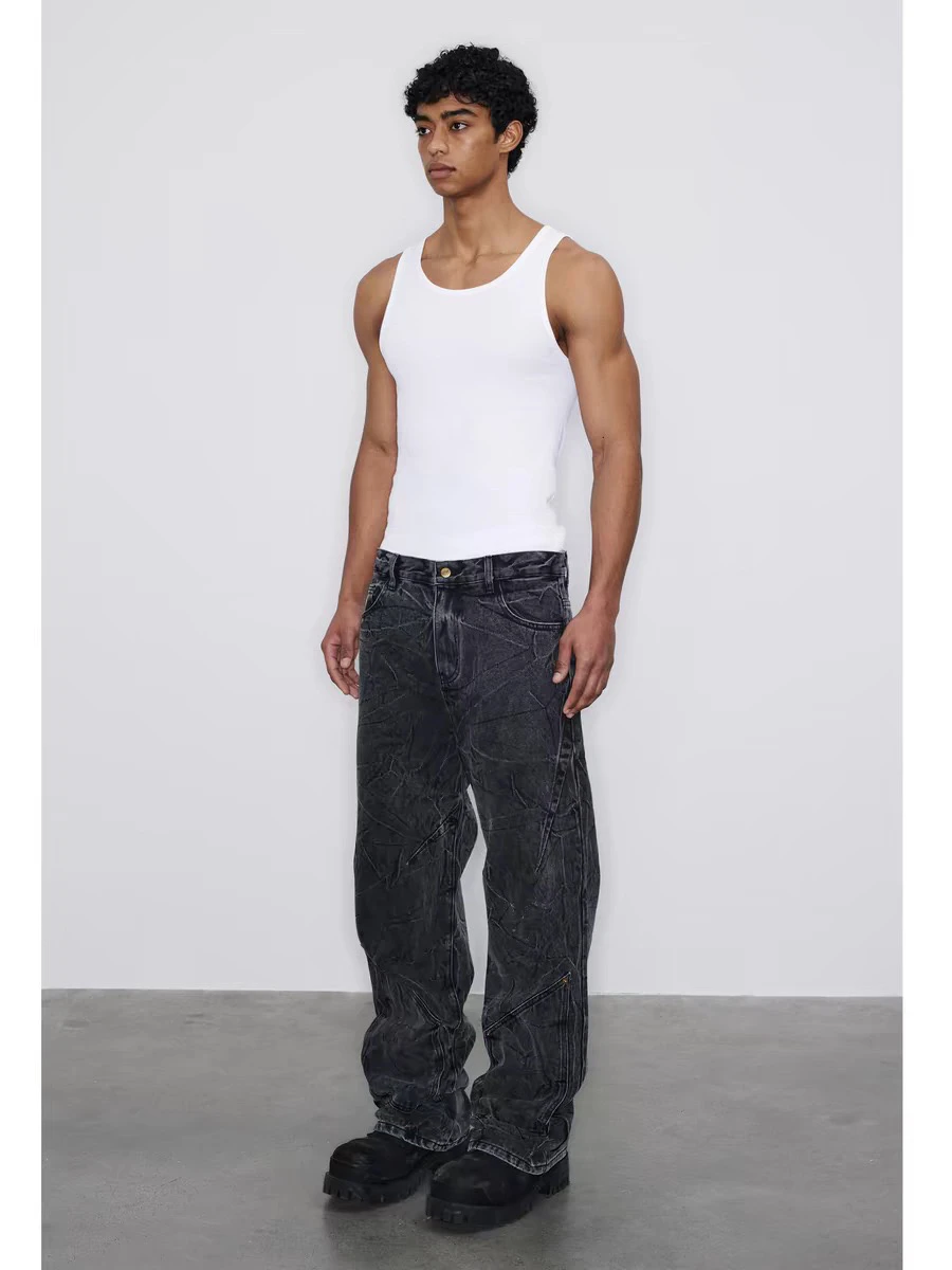 American Sle Cleanfit Retro Snowflake Waed Jeans Pria Heavy Du Vintage Pola Gelombang Kaki Lurus Kasual Katun Denim