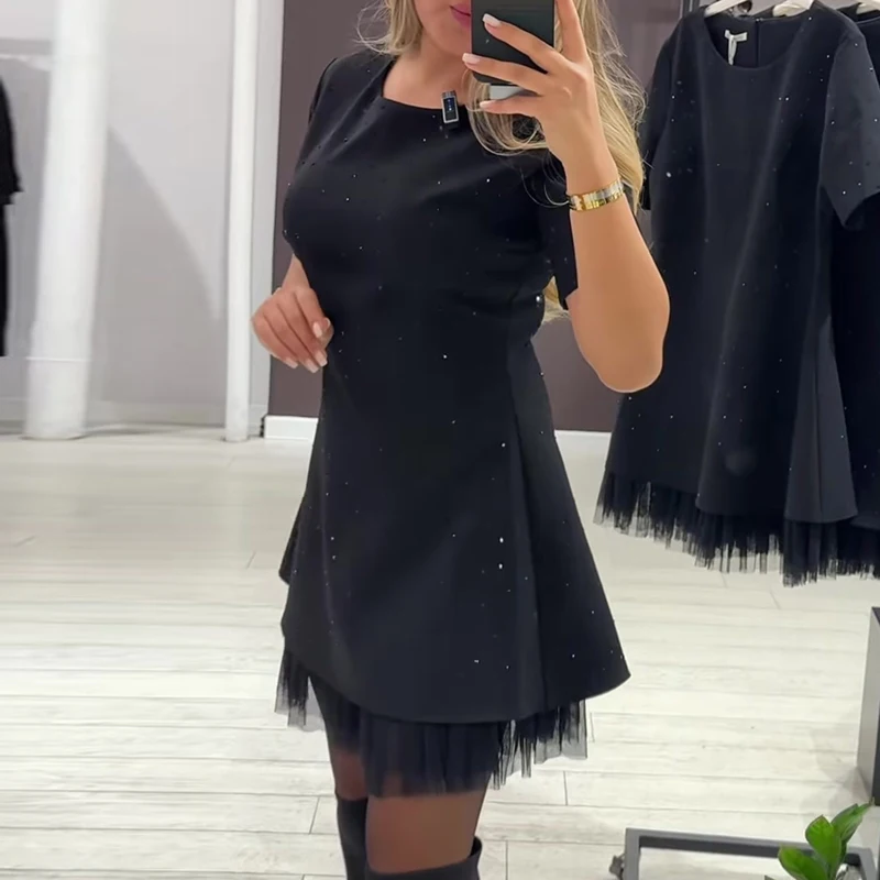 2026 Spring Fashion Diamond Patchwork Mesh Mini Dress Woman Elegant O Neck A-Line Dress New Summer Short Sleeve Slim Party Dress