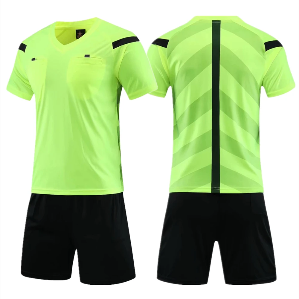 Professional Referee Soccer Jersey Set Adult V-neck Football Referee Uniform Short Sleeve Match Judge Shirt Three Pockets Shorts