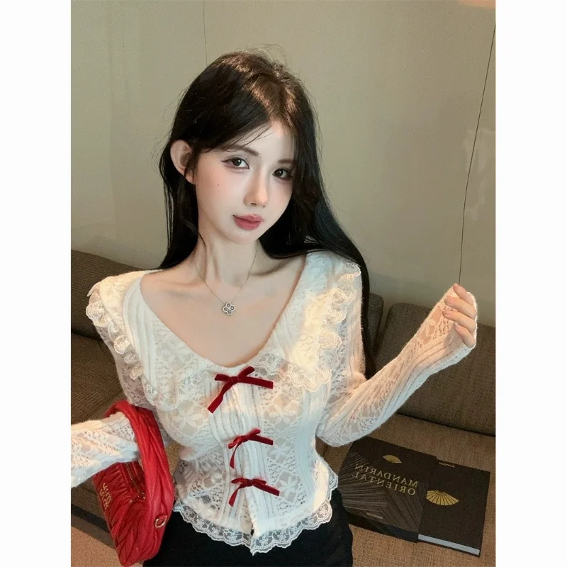 Women Sweet Peter Pan Collar Lace Blouse Red Bow Decor Slim Fit Long Sleeve Chic Short Spring Top