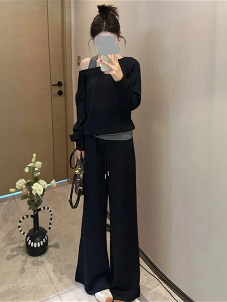 Shoulder Bared Sweatshirt And Casual Pants Two Piece Set Women's Fashion Slimming Concealing Stylish Age Reducing Ensemble