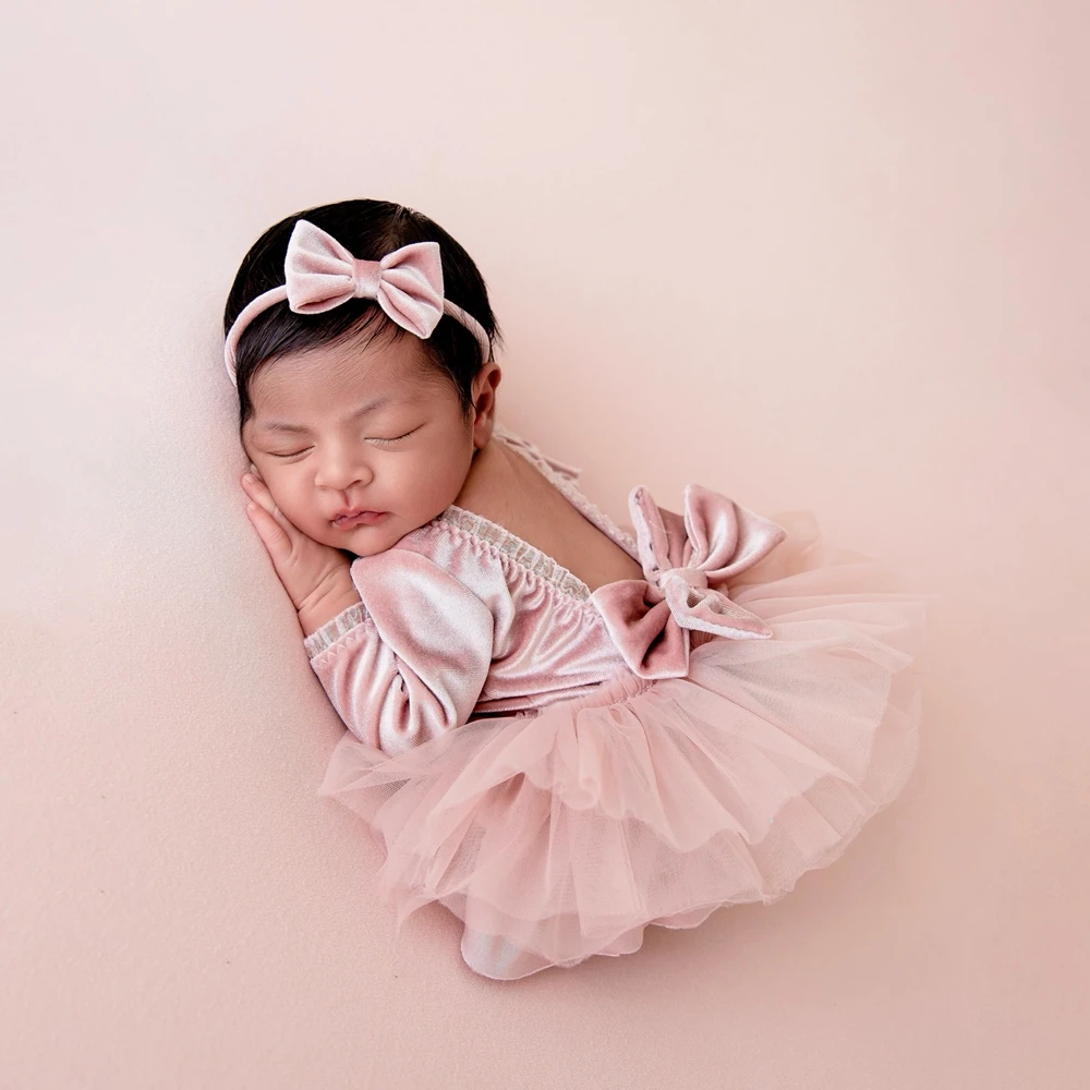 Newborn Photography Props Velvet Tulle Romper Baby Girl Photoshoot Clothes Double-Layered Studio Outfit