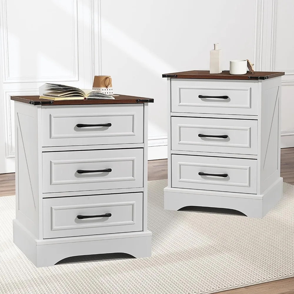 Jomeed Farmhouse 2-Piece Nightstand Set with Charging Stations and 3 Drawers