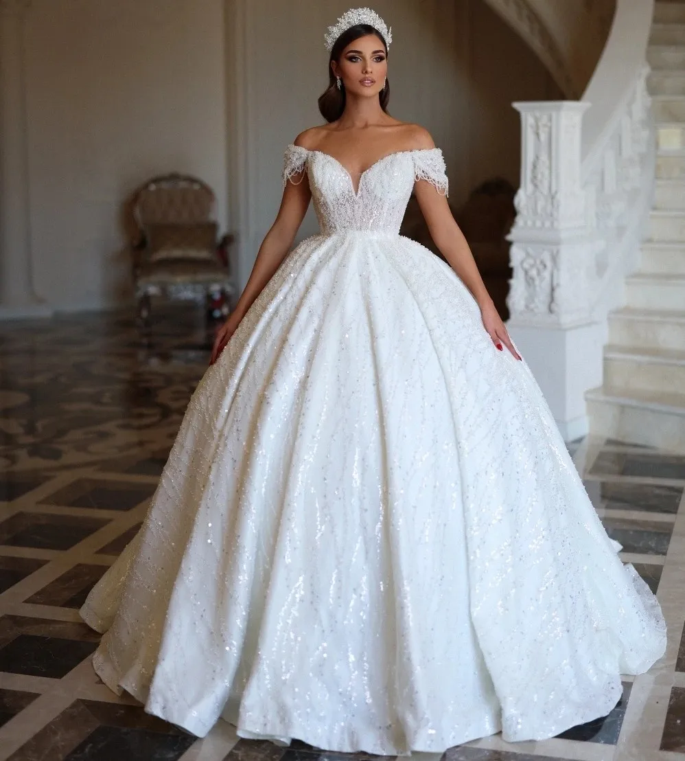 2025 Abito da sposa con paillettes di lusso con spalle scoperte Perline Appliques Abito da ballo Abiti da sposa Abiti da Noiva personalizzati