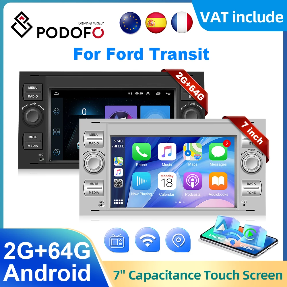 Podofo 7” Android Car Radio For Transit Fiesta Focus Galaxy Mondeo Fusion C-Max S-Max 2+64G WIFI Navigation Multimedia Player