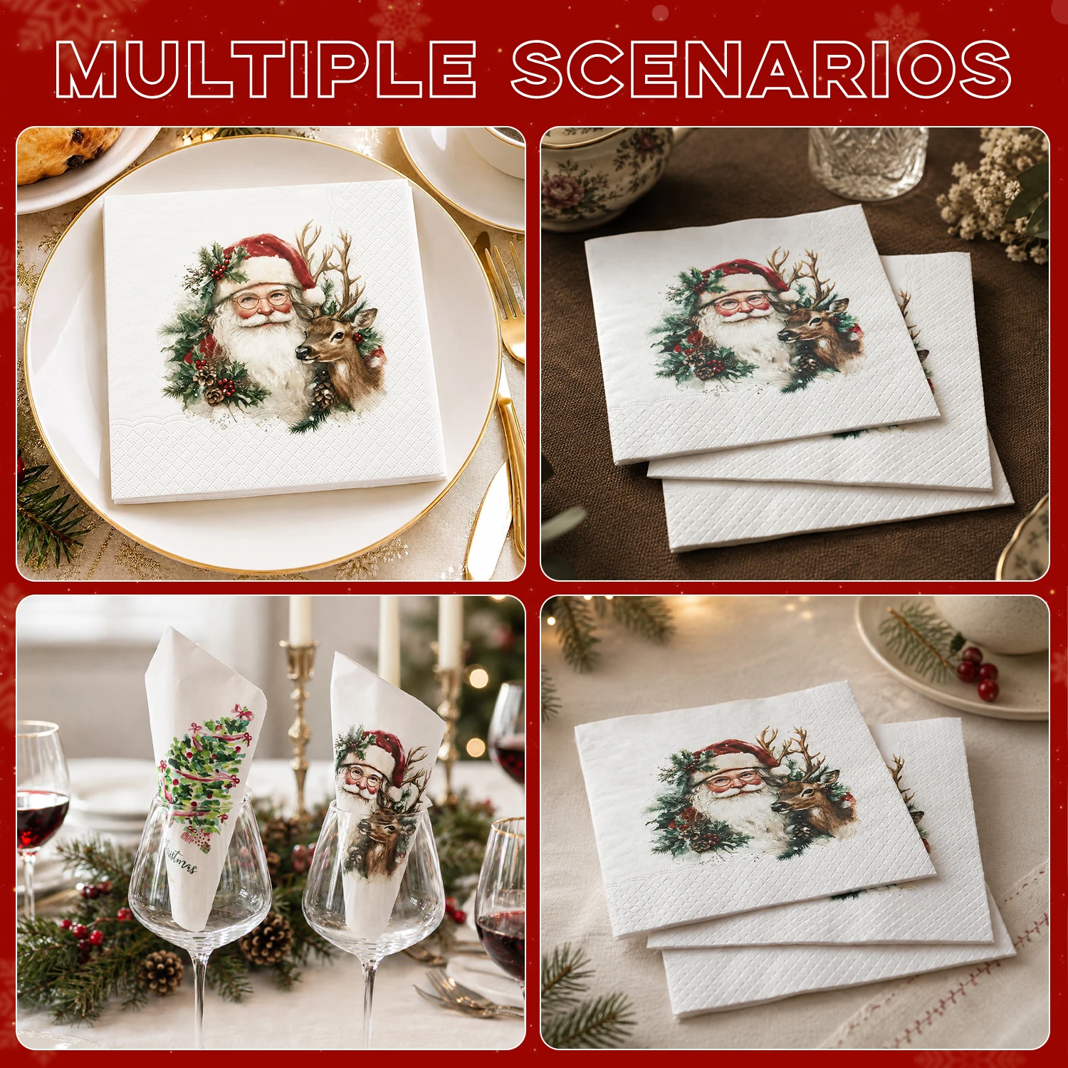 JINYUDOME Merry Christmas Disposable Paper Napkins Gold Text Winter Pine Berry Print for Holiday Dinner Party Cocktail Napkin