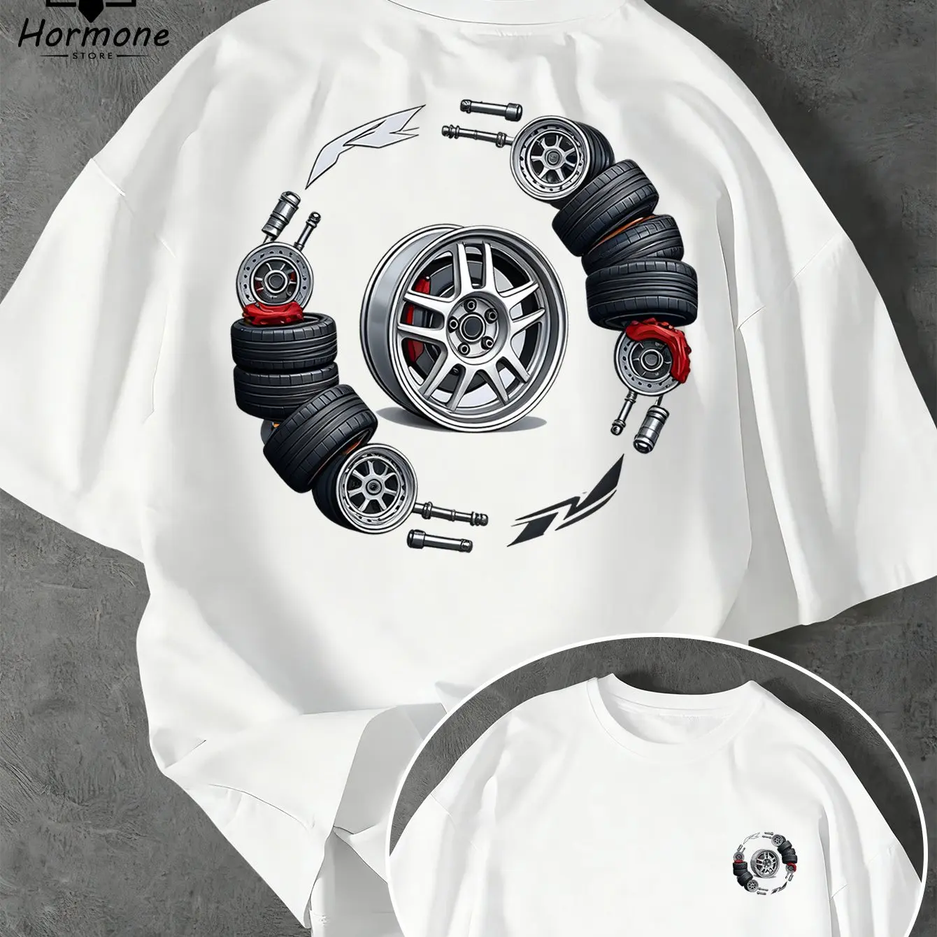Men's Car Wheel Pattern T-shirt Racing Tire Brake Caliper Shock Absorber Printed T-shirt Street Style Loose Top