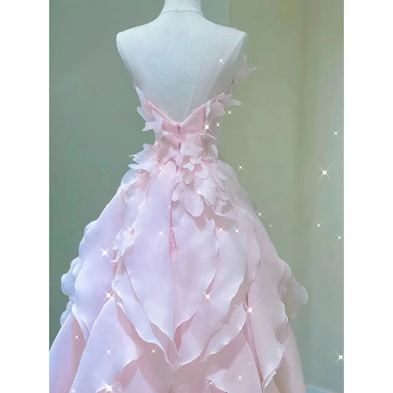 Customized Sweet Pink Evening Dress Strapless Sleeveless A-line Ruffles Banquet Formal Party Gowns for Women Vestido De Festa