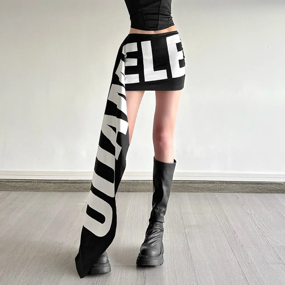 SylCue Letter Print Mini Skirts Women Summer New Trend High Waist Long Ribbon Street Fashion Versatile Style Elegant Bottoms