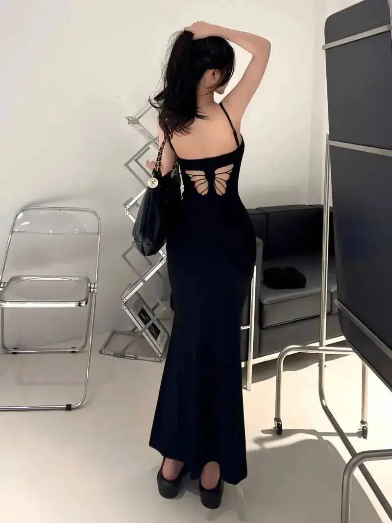 Middellange vlinder backless jurk elegante vrouwen tas billen jarretel lange jurk mode sexy koreaanse vrouwen jurken 80XR