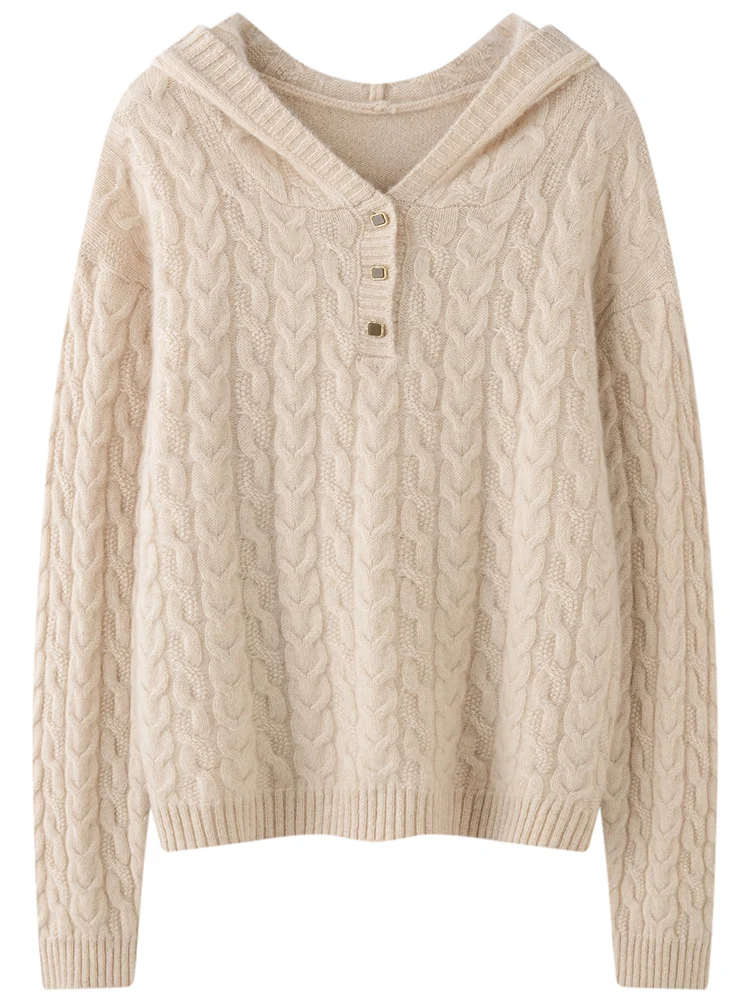 TLOML 여성 후드 풀오버 100% 캐시미어 스웨터 두꺼운 케이블 니트 캐주얼 캐시미어 니트웨어 가을 겨울 고품질 소프트 탑스