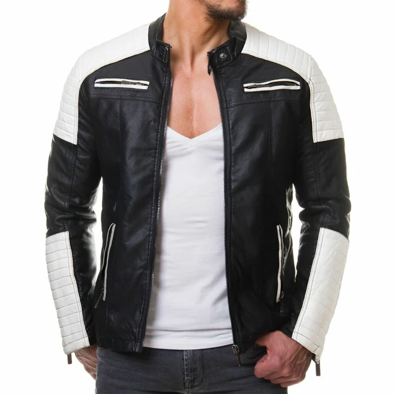 

Men Genuine Lambskin Natural Leather Black Jacket Biker Stitch Sleeve Coat