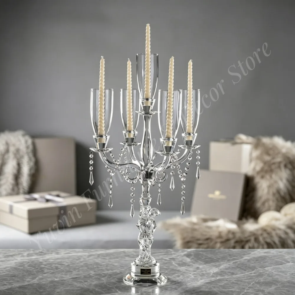 Vintage 7 Heads K9 Crystal Candelabra Windproof Glass Shade Pendants Wedding Easter Hotel Dining Table Centerpiece Handmade
