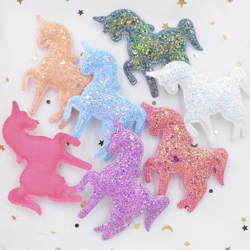 65*60mm Shiny Paillette Padded Patches Glitter Unicorn Appliques for Crafts Clothes Sewing Supplies DIY Hair Bow ornament