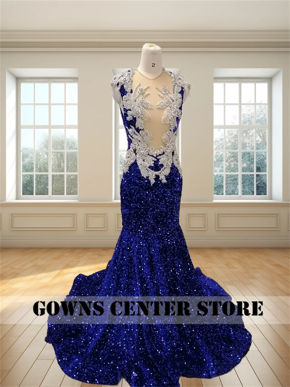 Elegante Royal Blue Pailletten Prom Kleider Für Schwarz Mädchen O Neck Silber Perlen Applique Meerjungfrau Cocktail Kleid Formale Gelegenheits-kleid