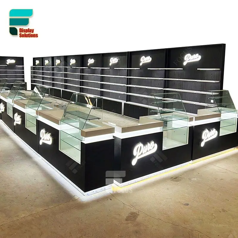 (Customized) custom cigar shop design counter glass cabinet custom shop fitting smoke shop display with LED lights