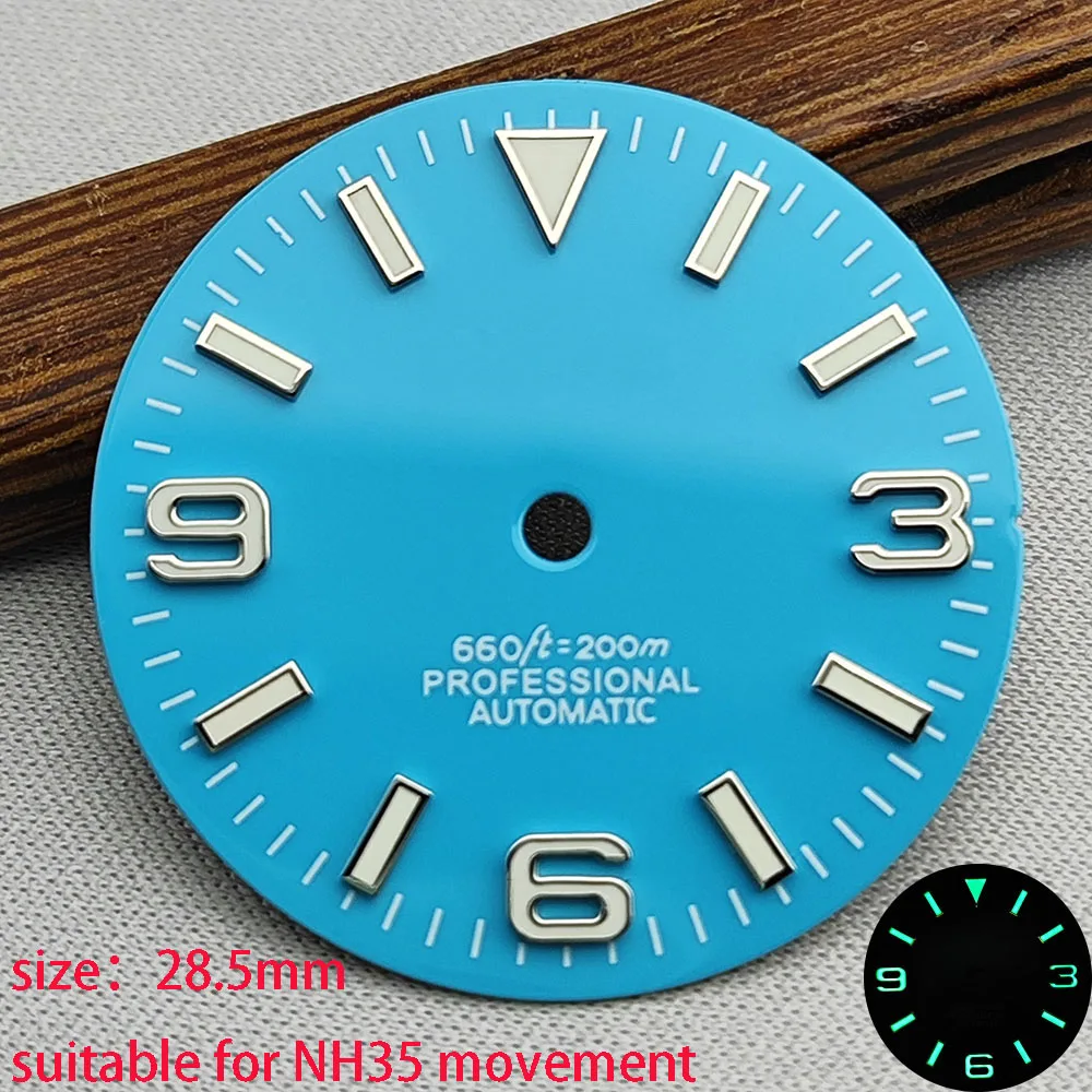 Esfera de reloj NH35dial S de alta calidad, 28,5mm, verde luminoso, adecuado para movimiento NH35 NH36, accesorios de reloj, herramienta de