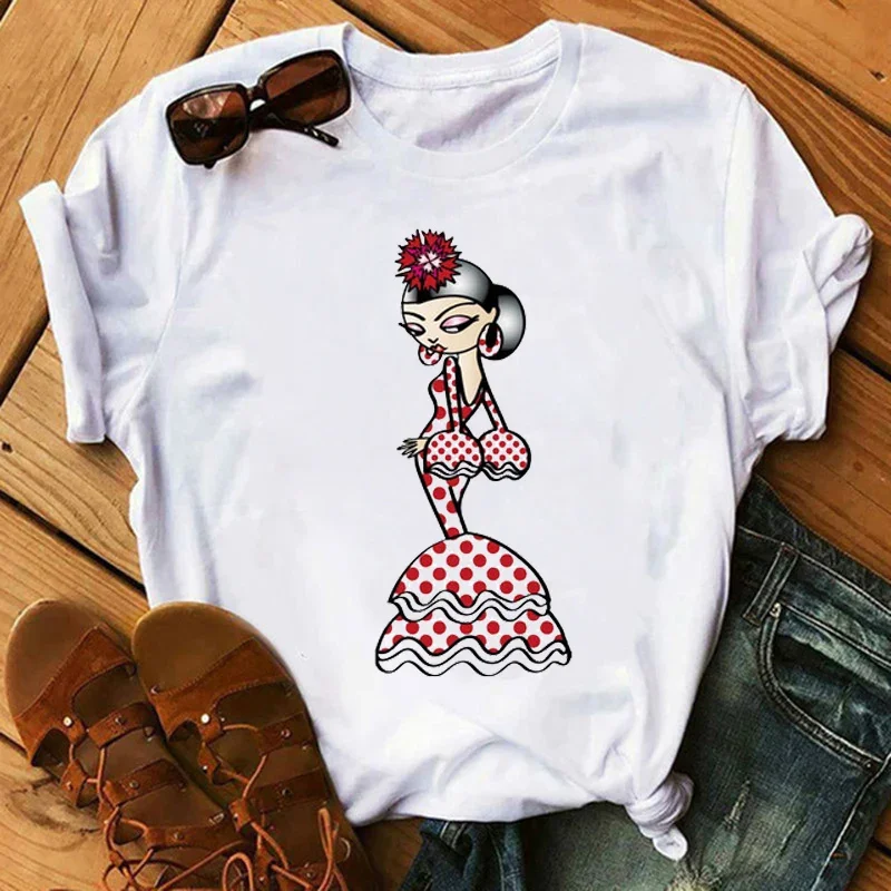 Damska koszulka Flamengo taniec kreskówka dziewczyna koszule z nadrukiem moda O-neck Femme tshirts śliczne topy koszulki damskie estetyczne ubrania