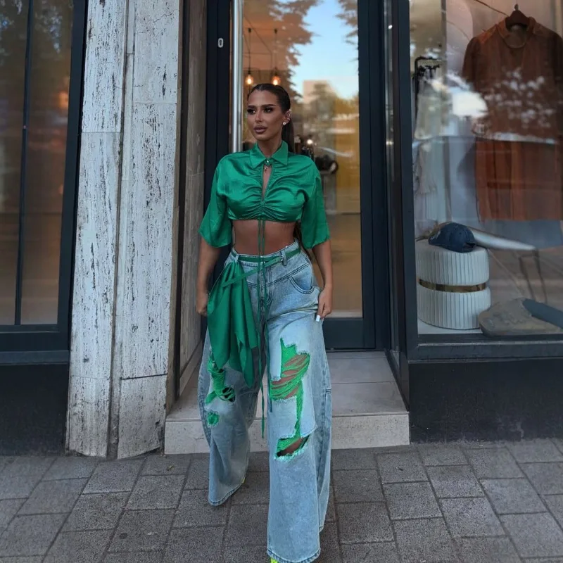Color Block Ripped Wide Leg Jeans Women Streetwear Cargo Style Loose Draped Long Denim Pants