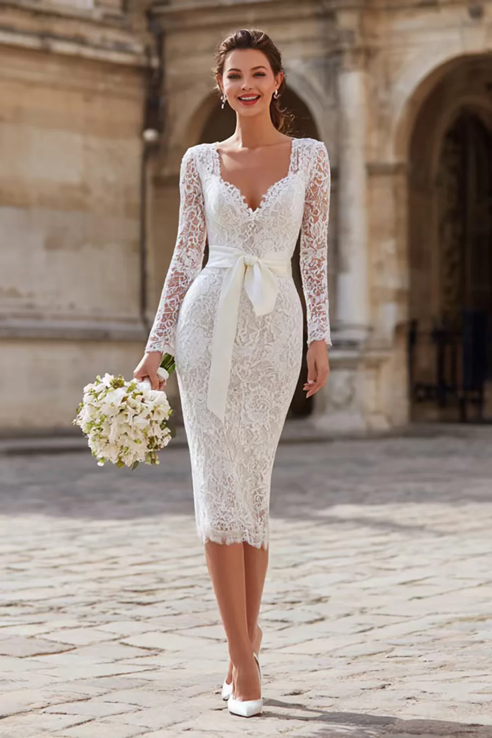 High Quality Customized White V-neck Knee-length Dress with Floral Pattern and Cutout Design Party Dresses Kleider Damen Elegant
