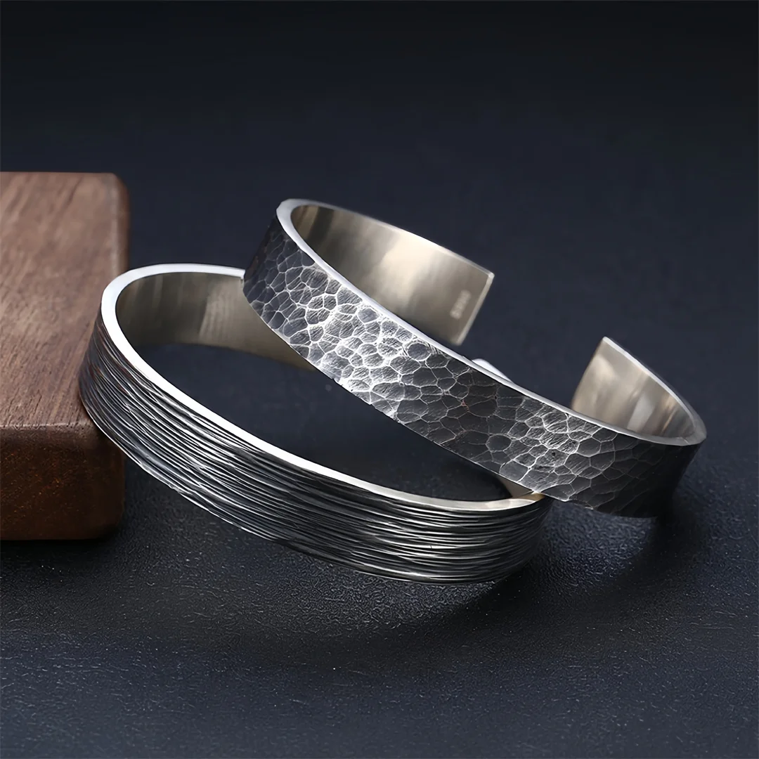 BOCAI New S999 Sterling Silver Charms Bangle for Men Antique Hammered Texture Stripe Pattern Bracelet Fine Choice Jewelry