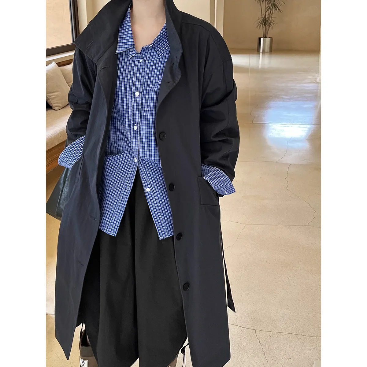 Women clothes solid color simple stand up collar trench coat 2024 autumn new girl fashion temperament all match long coat