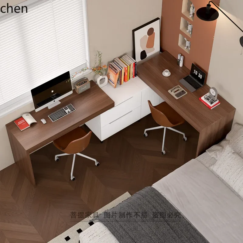 HT Modern Simple Double Solid Wood Desk with Chest of Drawers Corner Two-Person Computer Desk Home Writing Desk