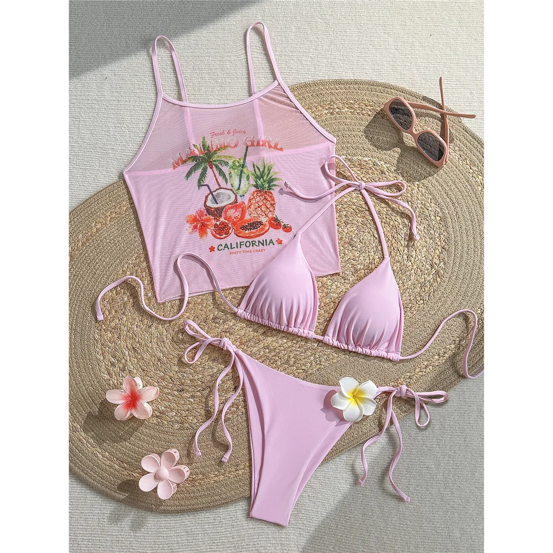 Neuer bedruckter Bikini mit Weste und Neckholder, Damen-Badeanzug, dreiteiliges Bikini-Set, gepolsterter Badeanzug, Badebekleidung, Schwimmanzug V8309 – Detail 5