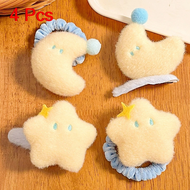 

Женские аксессуары для волос, комплект из 4 шт., корейские креативные мультяшные милые плюшевые заколки для волос со звездой и луной, каваи, универсальные заколки для волос, эластичные ленты для волос