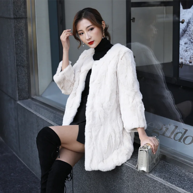 

Пальто из натурального меха, женская зимняя куртка из натурального кроличьего меха, женская верхняя одежда с коротким рукавом и круглым вырезом