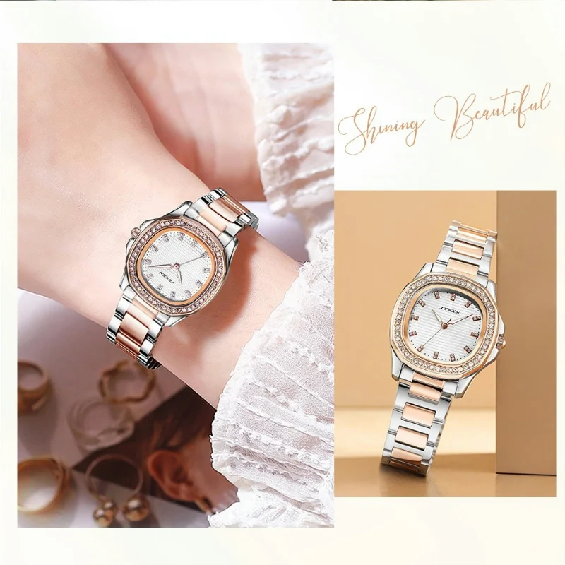 Quartz Watch for Women, Nautilus Series, 30.5mm Dial with Crystal Scale and Outer Ring Luminous Hands Stainless Steel Strap 3ATM