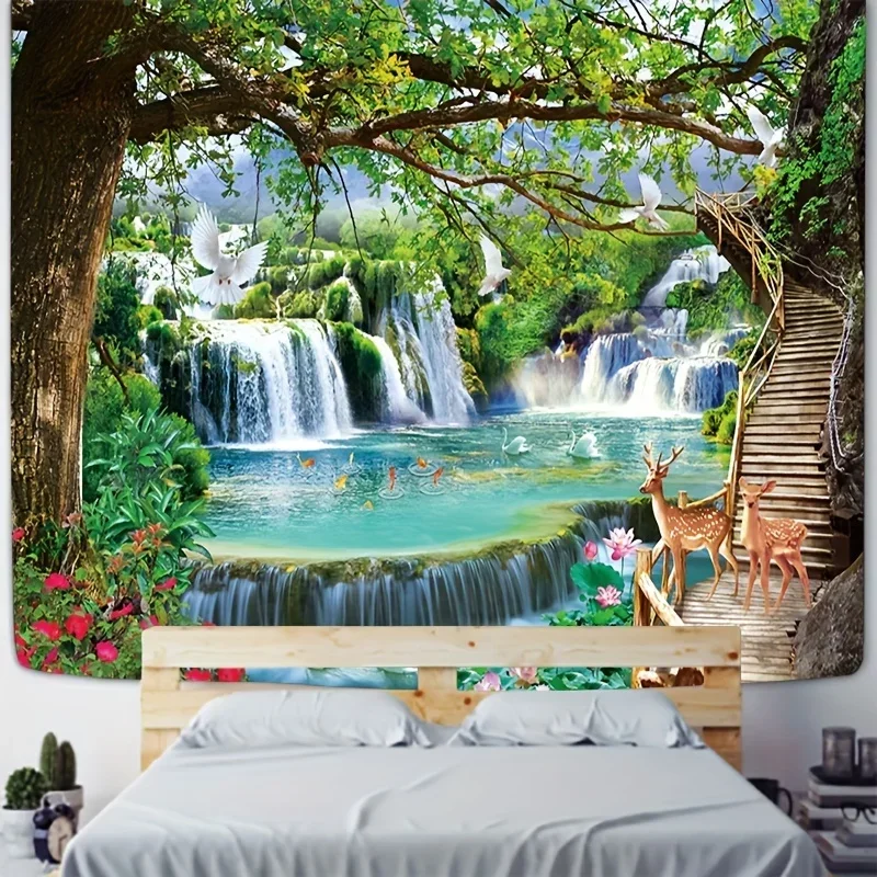 1pc Cute Fashion Forest Tree Colorful Tapestry Landscape Waterfall Spring Fashion Tapestry Living Room Bedroom House Decoration