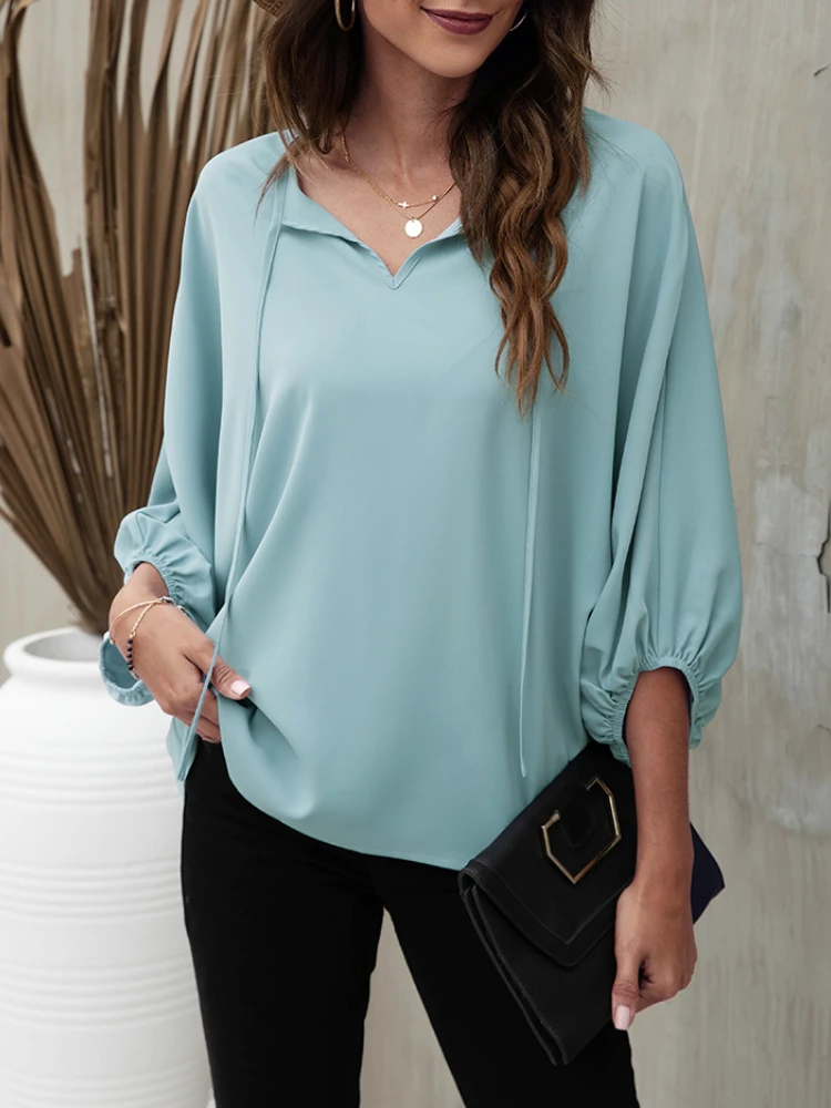 

Summer Three Quarter Sleeve Women Blouses Fashion 3/4 Batwing Sleeve Loose Chiffon Blouse Female Office Shirt V-Neck Lace Up Top