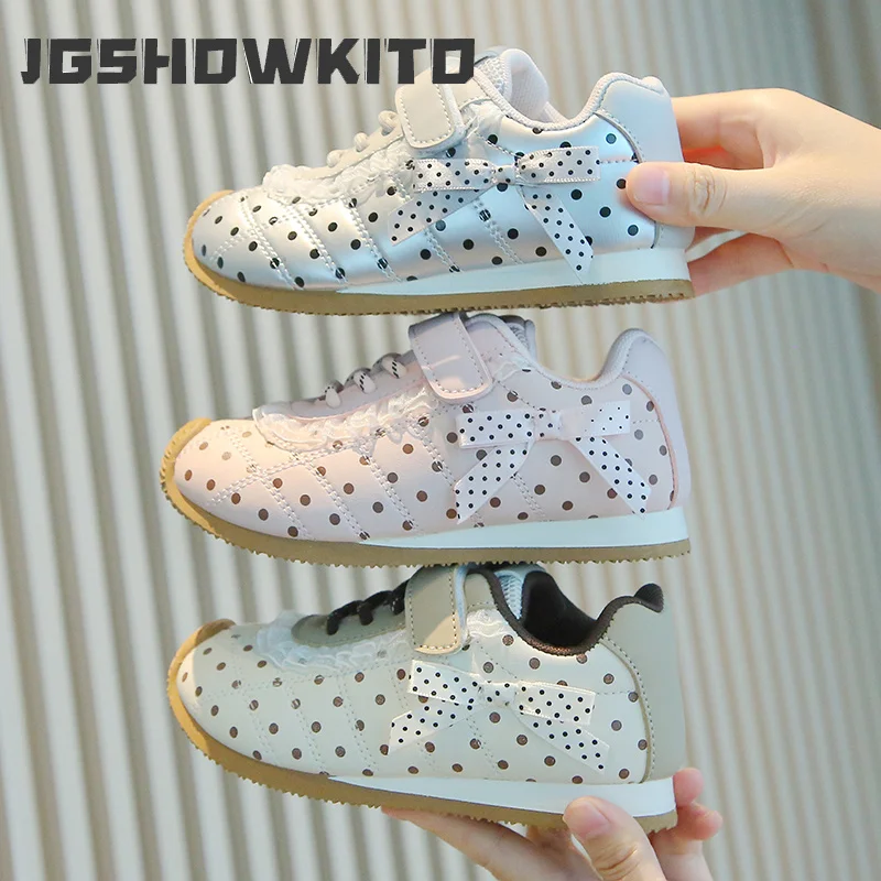 JGSHOWKITO Cute Toddler Girls Sneakers Lace Ruffled Children Running Shoes with Bow Princess Breathable Kids School Sports Shoes