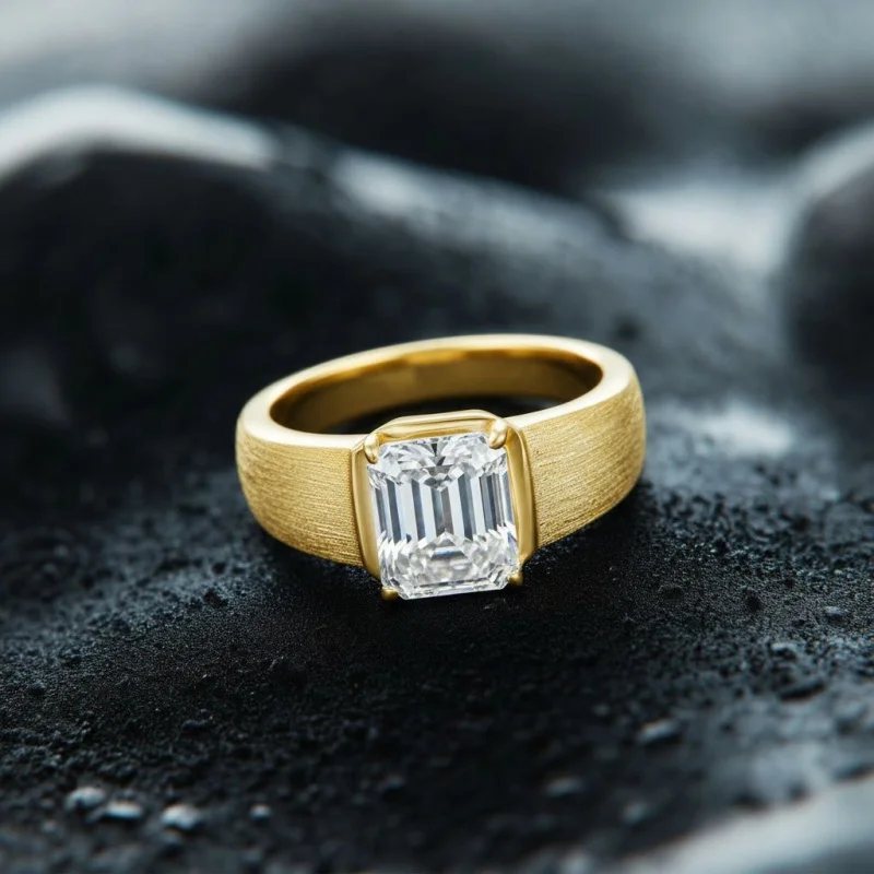 IGI Lab-Grown Diamond Men's Wedding Ring S925 Sterling Silver Gold-Plated, Brushed Finish Moissanite Emerald-Cut Customizable