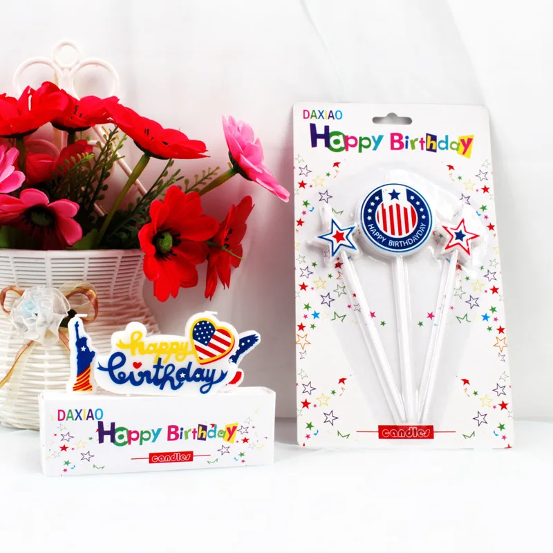 American Independence Day July 4 Pentagram Candle Happy Birthday Three Piece Party Cake Set English Alphabet Candle Decoration